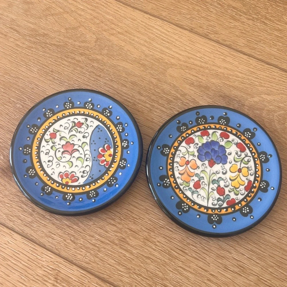Artecer Hand Made Spanish Ceramic Plated Set of 2 Floral Cuerda Seca 4.25 Inch